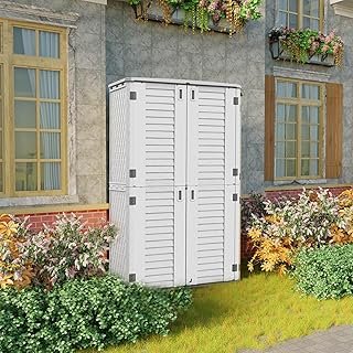 ADDOK Vertical Storage Shed Multi-Function, Outdoor Storage Cabinet Weather Resistance, HDEP Resin Storage Box for Backyar…