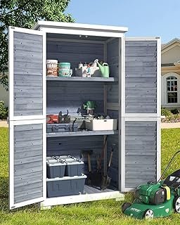 Gizoon Outdoor Storage Cabinet with 3 Shelves, Double Lockable Wooden Garden Shed with Waterproof Roof, Outside Vertical T…