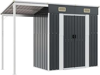 vidaXL Garden Storage Shed - Anthracite Galvanised Steel Structure with Extended Roof - 277x110.5x181 cm - Ventilation, Ea...