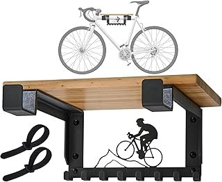 Bike Rack Wall Mount with Shelf and 8 Hooks Offer Horizontal Indoor Bike Storage for Sheds Garages. Wooden Bike Rack Brack…