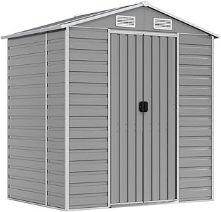 EVURU Outdoor Storage Shed, Large Galvanised Steel Garden Shed with Metal Frame, Air Vents and Doors, Light Grey, 191x130x…