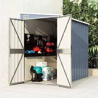 Wall-Mounted Garden Shed Grey 118x194x178 cm Galvanised Steel,Metal Storage Shed Lockable and WeatherResistant for Garden …